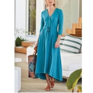 Soft Surroundings Cotton/Modal High-Low V-Neck 3/4 Sleeves Maxi Teal Dress - S